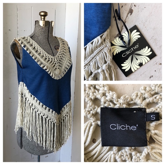 Cliche Crochet Fringe BoHo Denim Top - Picture 7 of 8